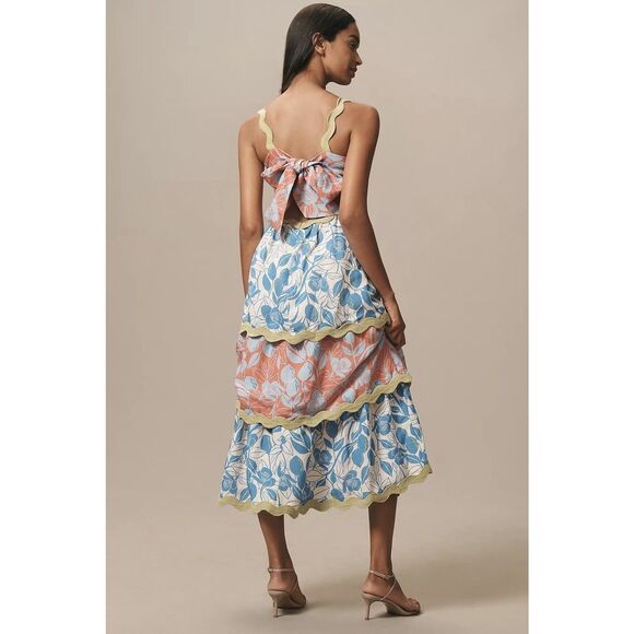 Farm Rio x Anthropologie Linen Blend Tiered Rickrack Midi Dress - Picture 2 of 7